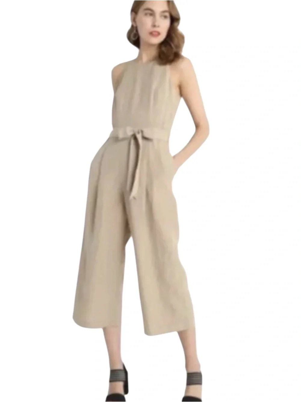 BANANA REPUBLIC Sleeveless Tie-Waist Wide-Leg Cropped Jumpsuit in Beige Size 2